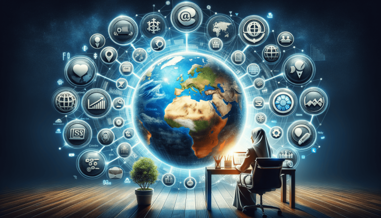 Global connectivity: woman on laptop, Earth, and technology icons.