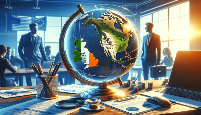 Global business: UK/Ireland on globe, financial documents, office meeting.