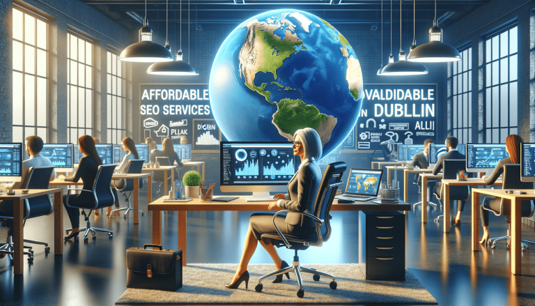 Businesswoman in modern office with giant Earth globe and data.