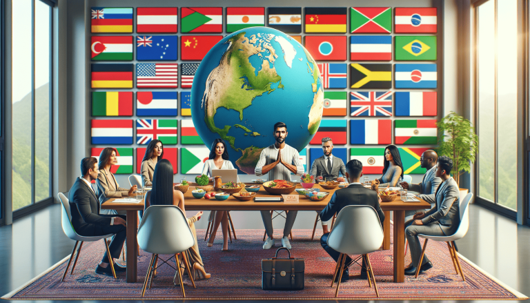 Diverse group meeting with globe and international flags.