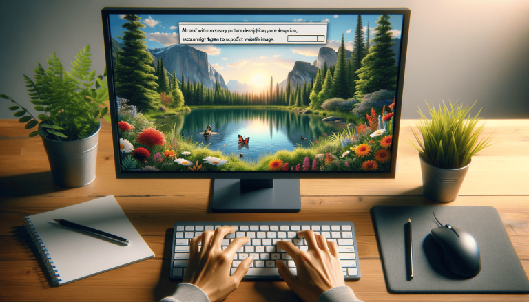 Hands typing alt text description for beautiful nature scene on screen.
