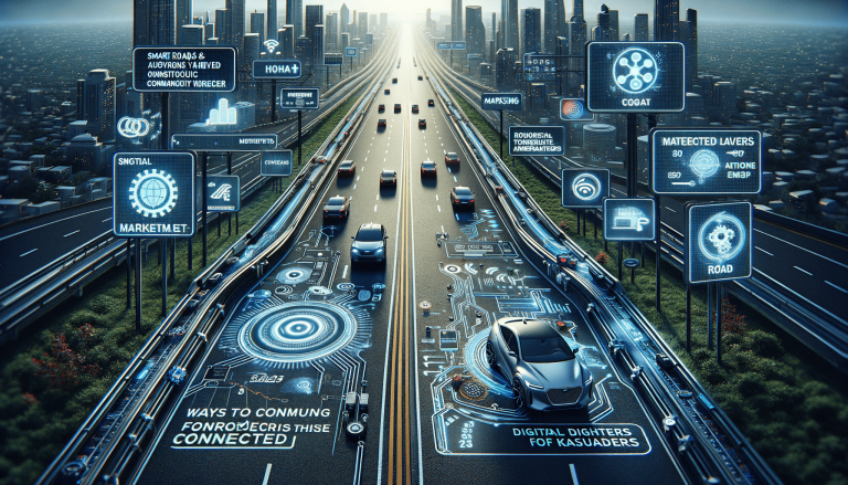 Futuristic smart city highway with connected cars and digital infrastructure.