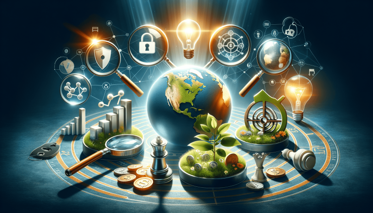 Global business strategy, innovation, data security, and sustainable growth concept.