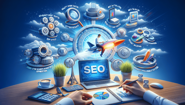 Dynamic illustration of SEO concepts and workflow on a desk.