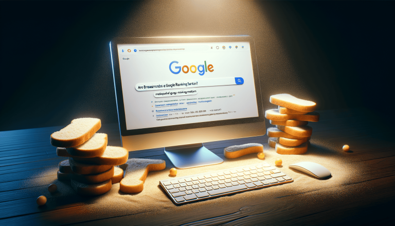 Google search for 'bread crumbs ranking' with toast and sand.