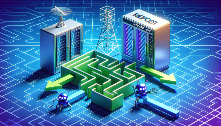 Digital data processing infrastructure with servers, maze, and robots.