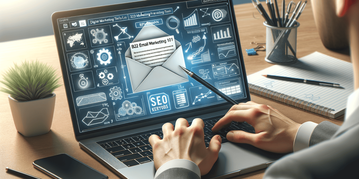 Email marketing on laptop screen with statistical graphs.