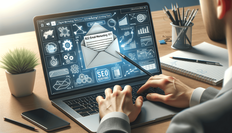 Hands typing on laptop, digital marketing, email marketing, and SEO.