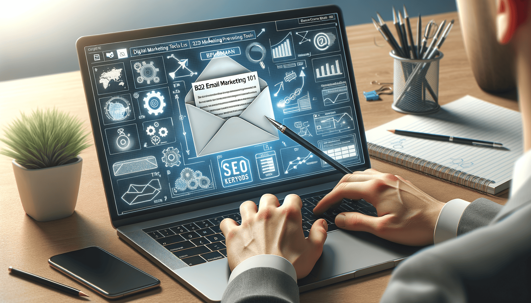 Email marketing on laptop screen with statistical graphs.