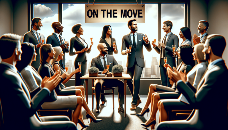 Diverse professionals celebrating success, 'ON THE MOVE' sign overhead.