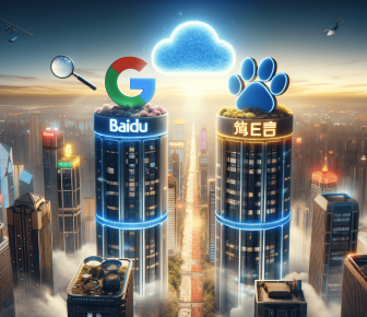 Modern cityscape with Baidu, Google, and AI paw print towers.