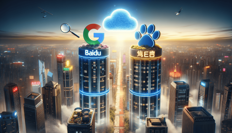 Modern cityscape with Baidu, Google, and AI paw print towers.
