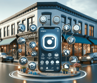 Smartphone with apps outside a lit-up shop