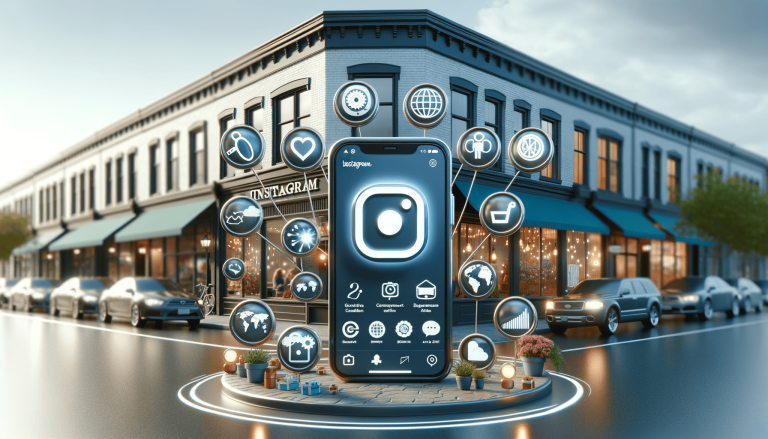 Instagram app on mobile surrounded by icons in a high street scene.