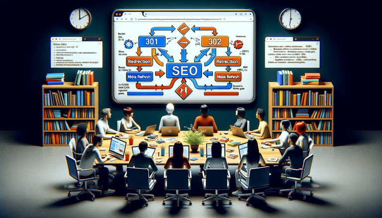 Business meeting analysing SEO redirection strategies on a large screen.