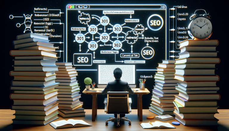 Desk with person, books, and SEO optimisation diagram.