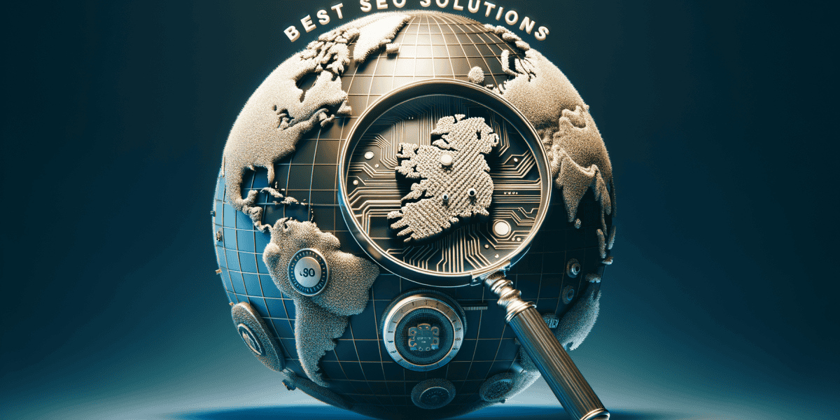 Magnifying glass on digital globe, SEO solutions.