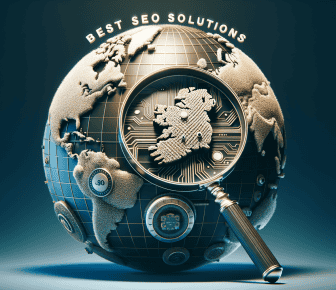Magnifying glass on digital globe, SEO solutions.