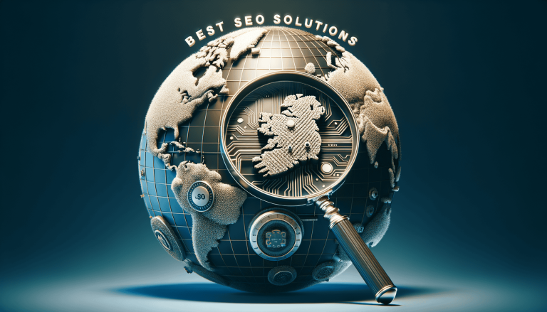Magnifying glass over circuit board Ireland on globe, 'Best SEO Solutions'.