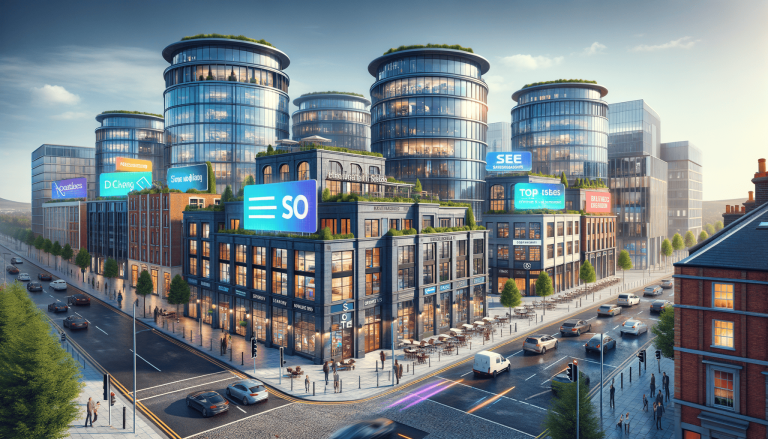 Busy city centre with modern architecture and digital advertisements.