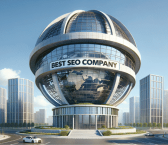 Futuristic building with 'Best SEO Company' sign.