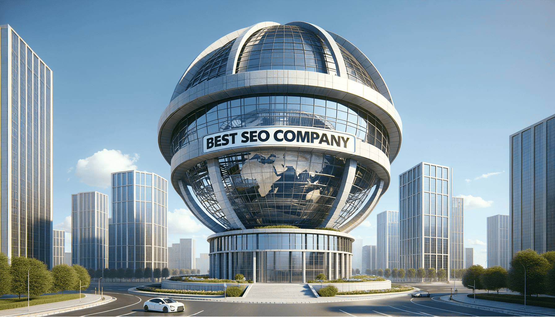 Futuristic building with 'Best SEO Company' sign.