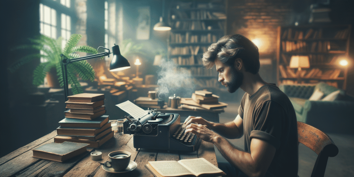 Man typing on vintage typewriter in atmospheric study.