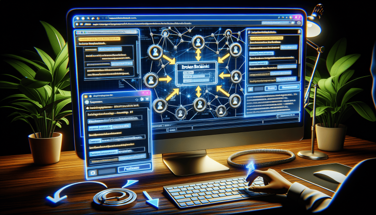 Glowing screen displays 'Broken Backlinks' network, person typing.
