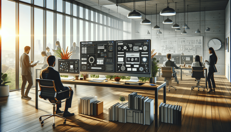Modern office with professionals analysing data on multiple computer screens.