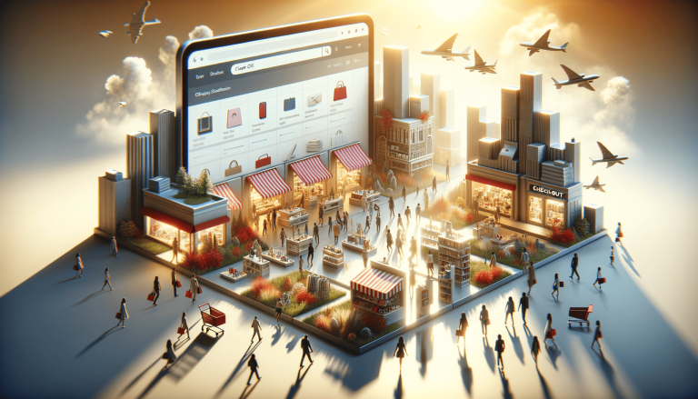 E-commerce city emerging from phone screen, busy shoppers.