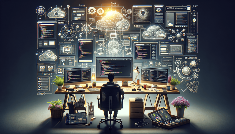 Programmer coding at a multi-monitor workstation with digital interfaces.