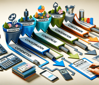 Digital marketing funnel illustration with business elements.