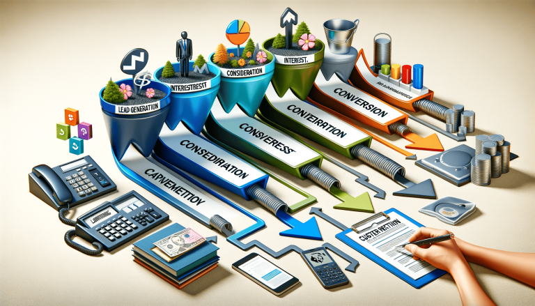 Marketing and sales funnel with stages and business concepts.