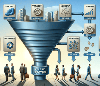 Business funnel illustration with people and charts.