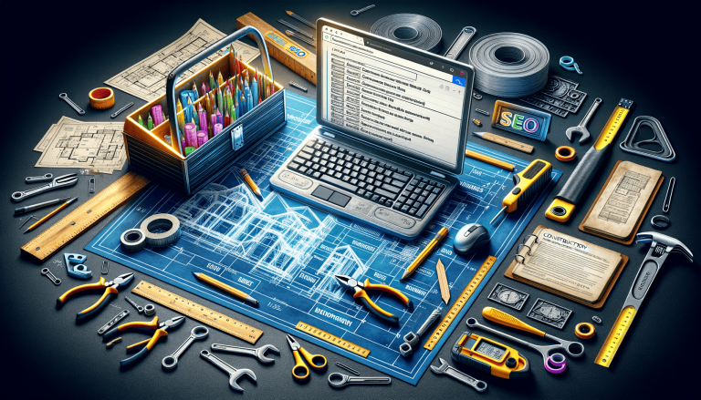 Construction tools, blueprints, and a laptop on a dark surface.