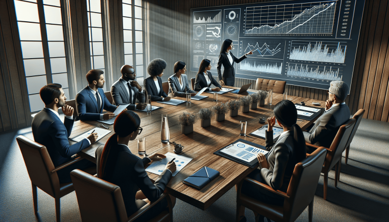 Business people in boardroom meeting with data presentation.