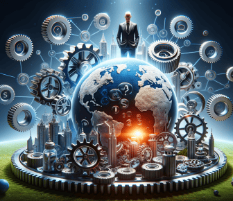 Futuristic city with gears and digital connections.