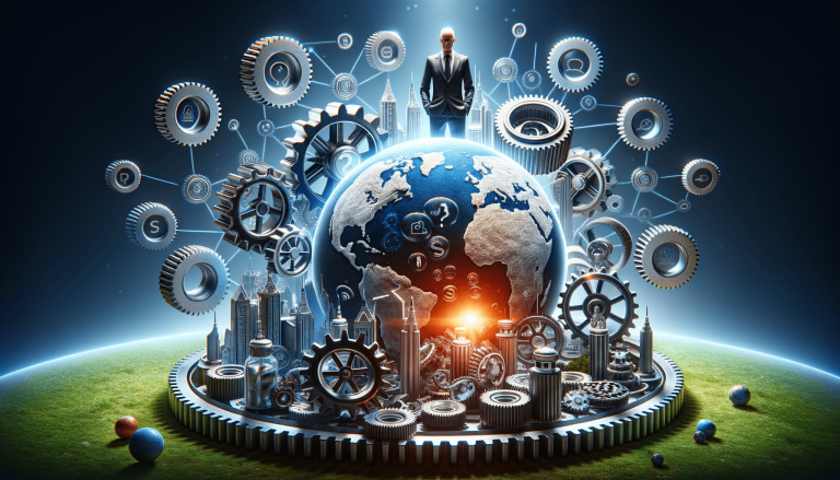 Businessman above globe, gears, and interconnected city technology.