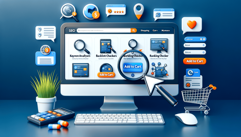 Computer screen with SEO e-commerce tools, shopping trolley, and icons.
