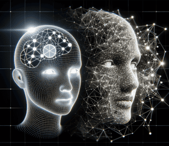 Futuristic AI faces with neural network connections.