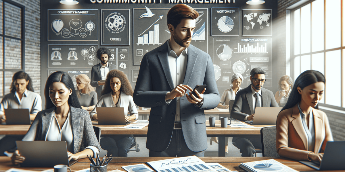 Manager and staff working in an office with community management charts.