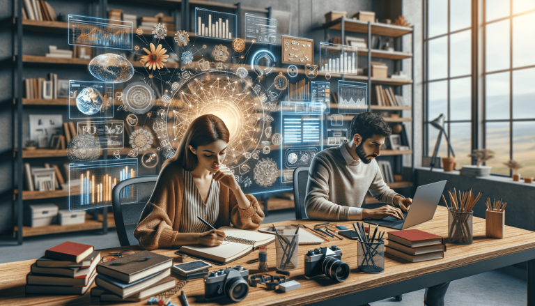 Man and woman working with advanced holographic data technology.