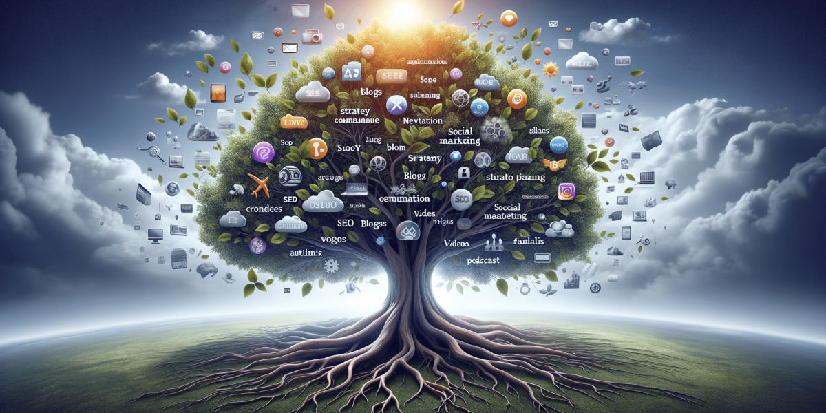 Thriving digital marketing tree with concepts and icons.