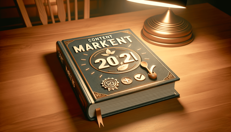 Dark green 'Content Marketing 2021' book on wooden table.