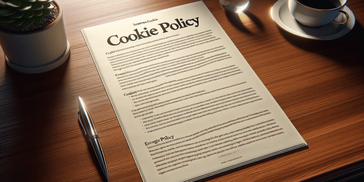 Cookie Policy document on wooden desk with coffee and pen.