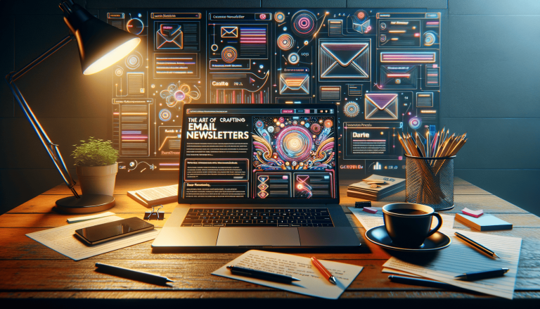 Desk with laptop, lamp, coffee; digital email newsletter interface.