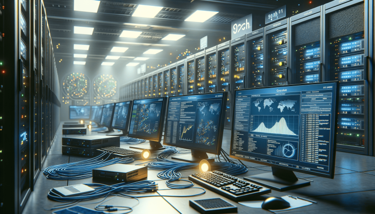 Data centre with server racks, glowing monitors, and networking cables.