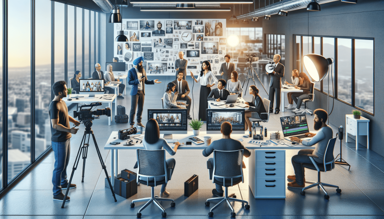 Diverse team working in a modern media production office.