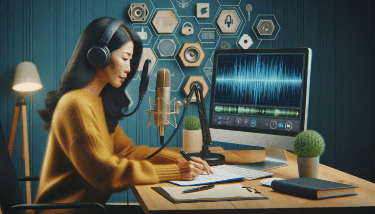 Woman podcasting, writing notes, with microphone and audio software.
