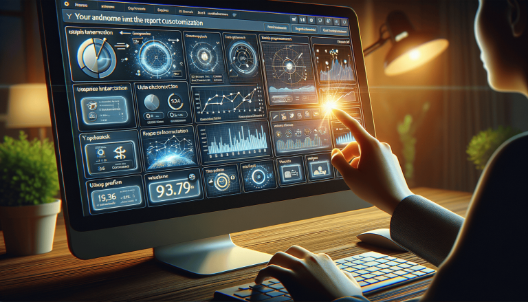 Hand touching glowing futuristic data dashboard on a computer screen.